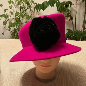 Elegant Pink Wool Hat with Black Velvet Floral Accent